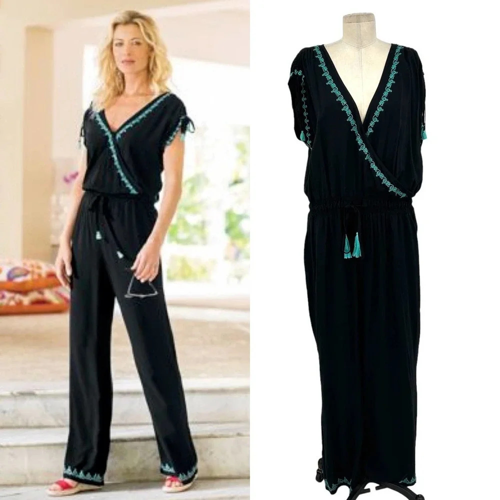 Soft Surroundings Baja Jumpsuit Black Turquoise Embroidery‎ Tassel Size Large